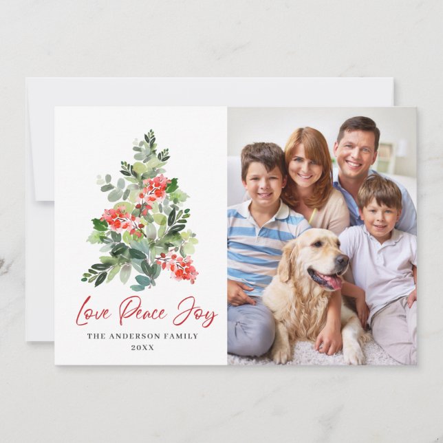 4 PHOTO Holly Berry Christmas Tree Greeting Holiday Card (Front)