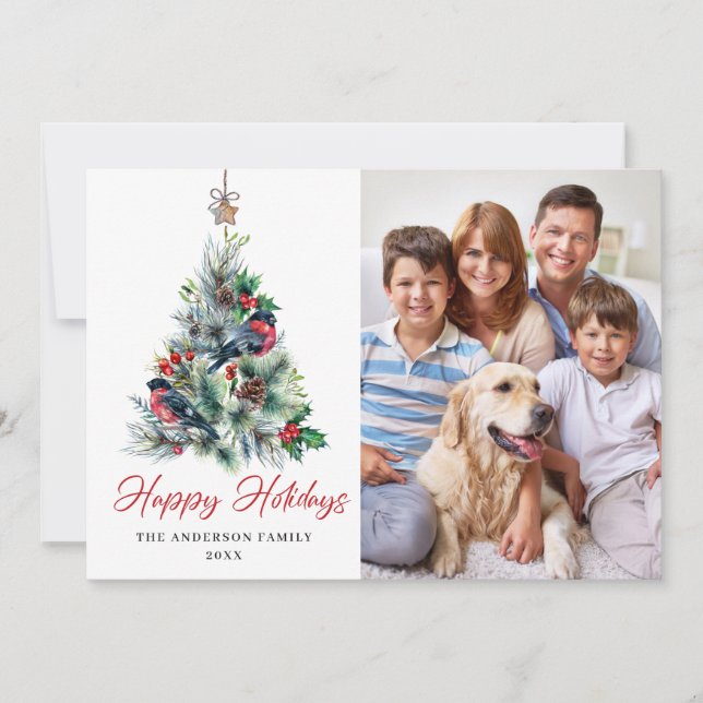 4 PHOTO Holly Berry Christmas Tree Greeting Holiday Card (Front)