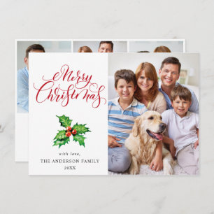 4 PHOTO Holly Berry Mistletoe Christmas Greeting Holiday Card
