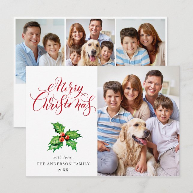 4 PHOTO Holly Berry Mistletoe Christmas Greeting Holiday Card (Front/Back)