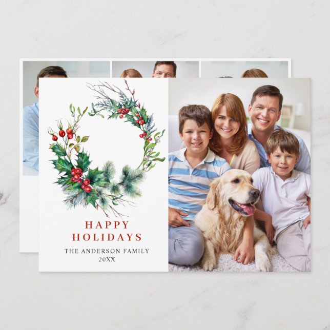 4 PHOTO Holly Berry Wreath Christmas Greeting Holiday Card (Front/Back)