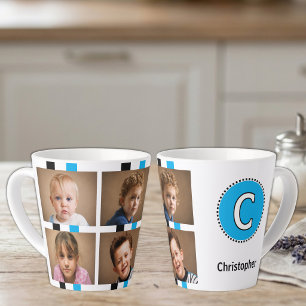 4 photo initial name black blue latte mug