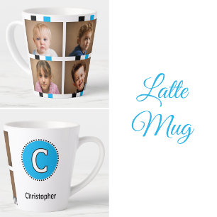 4 photo initial name black blue latte mug
