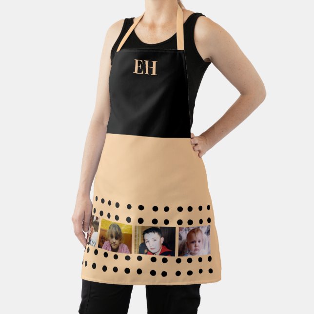 4 photo initials polka dots black peach apron (Insitu)
