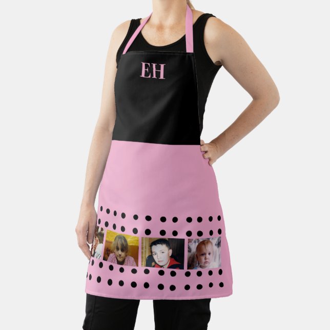 4 photo initials polka dots black pink apron (Insitu)