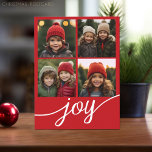 4 Photo Instagram Collage Modern Joy Script Holiday Postcard<br><div class="desc">Use 4 square pictures to make a unique and trendy Merry Christmas photo card. The background is a bright and cheery red with the large script JOY. If you need to move anything around,  click on the customise button to make changes.</div>