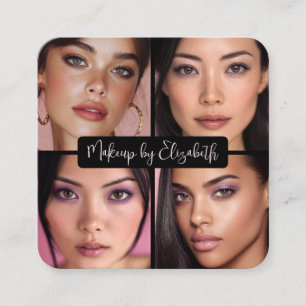 4 Photo Makeup Blush Pink Script Black QR Code Square Business Card