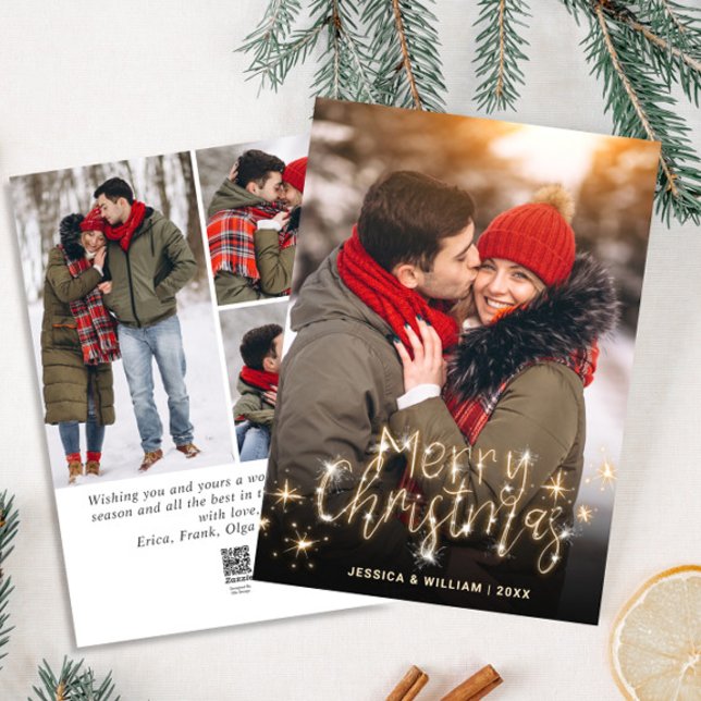 4 PHOTO Merry Christmas Gold Sparkle Greeting Holi Holiday Card (Creator Uploaded)
