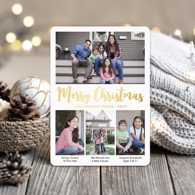 4 Photo Merry Christmas Modern Script Calligraphy Foil Holiday Card (Creator Uploaded)