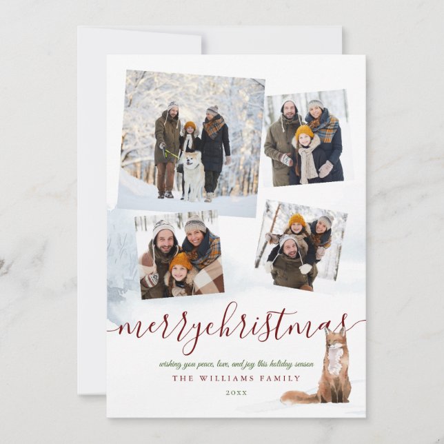 4 Photo Merry Christmas Winter Fox Holiday Card (Front)