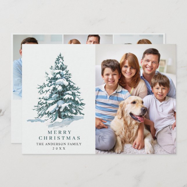 4 PHOTO Minimalist Christmas Tree Greeting Holiday Card (Front/Back)