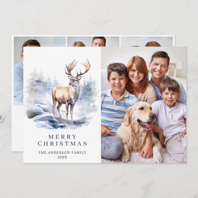 4 PHOTO Minimalist Elegant Deer Christmas Holiday Card (Front/Back)