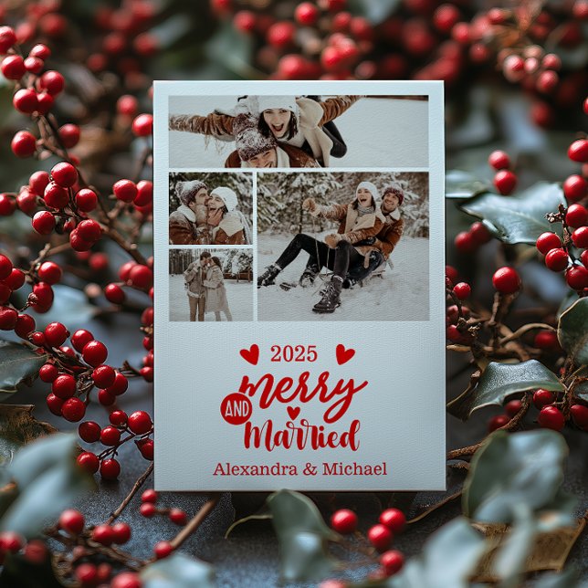 4 Photo Minimialist Merry and Married  Holiday Card (Creator Uploaded)