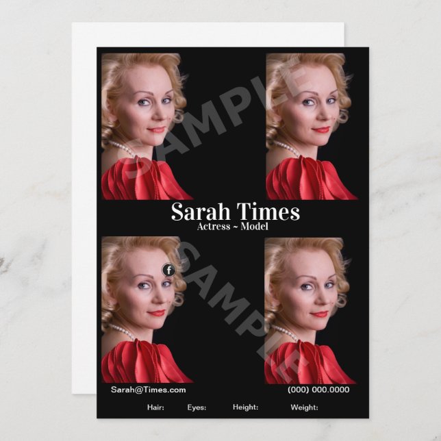4 Photo Model Actor Comp Card Blk Template (Front/Back)