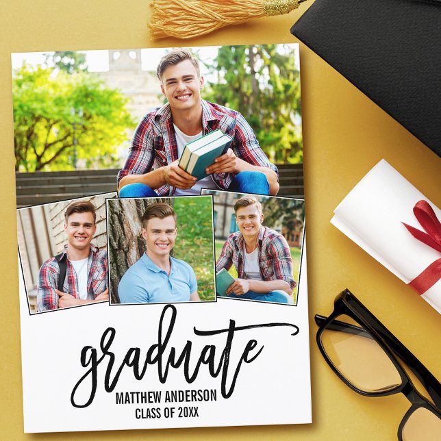 4 Photo Modern Brush Script Graduation Party Invitation Postcard (Customize to change your personalized text size or text style.)