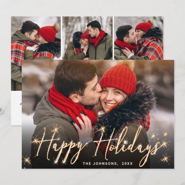 4 PHOTO Modern Golden Christmas Greeting Holiday Card (Front/Back)