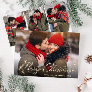 4 PHOTO Modern Golden Christmas Greeting Holiday Card