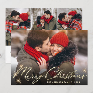 4 PHOTO Modern Golden Christmas Greeting Holiday Card