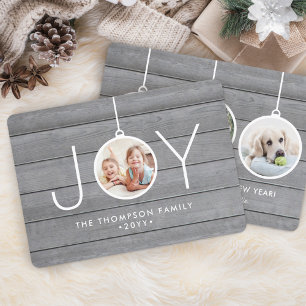4 Photo Modern Joy Ornaments Rustic Grey Faux Wood Holiday Card