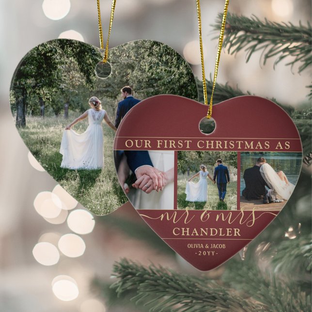 4 Photo Mr & Mrs 1st Christmas Burgundy Gold Heart Ceramic Ornament (Creator Uploaded)