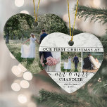 4 Photo Mr & Mrs 1st Christmas Faux Marble Heart Ceramic Ornament<br><div class="desc">Celebrate a joyful 1st holiday as a married couple with a custom 4 photo collage "Our First Christmas as Mr. & Mrs." heart-shaped ceramic ornament. All text and images on this template are simple to personalise. (IMAGE PLACEMENT TIP: An easy way to centre a photo exactly how you want is...</div>
