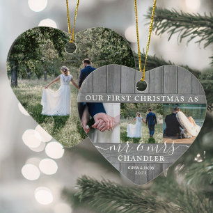 4 Photo Mr & Mrs 1st Christmas Faux Wood Heart Ceramic Ornament