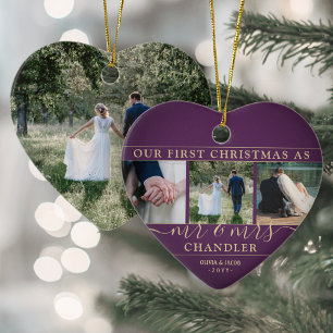 4 Photo Mr & Mrs 1st Christmas Plum Purple Heart Ceramic Ornament