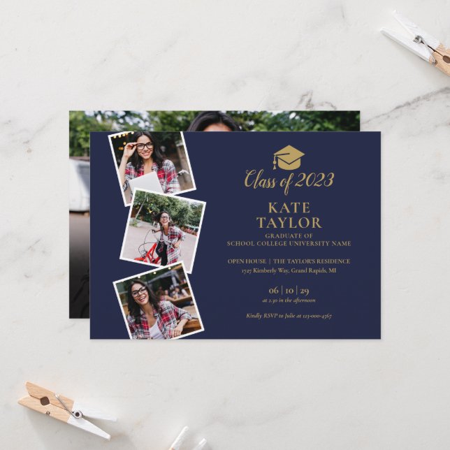 4 Photo Navy Blue And Gold Graduation Party Invitation (Front/Back In Situ)