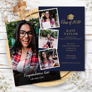 4 Photo Navy Blue Gold Graduation Party Invitation