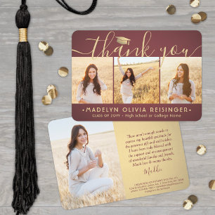 4 Photo New Address Burgundy Red Gold Graduation Thank You Card