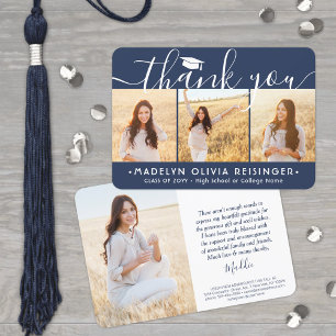 4 Photo New Address Navy Blue and White Graduation Thank You Card