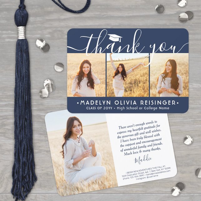4 Photo New Address Navy Blue and White Graduation Thank You Card (Creator Uploaded)