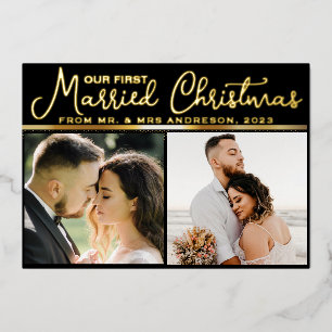 4 Photo Newlyweds 1st Married Christmas Script  Foil Holiday Card