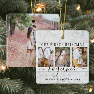 4 Photo Our First Christmas Together Faux Marble Ceramic Ornament