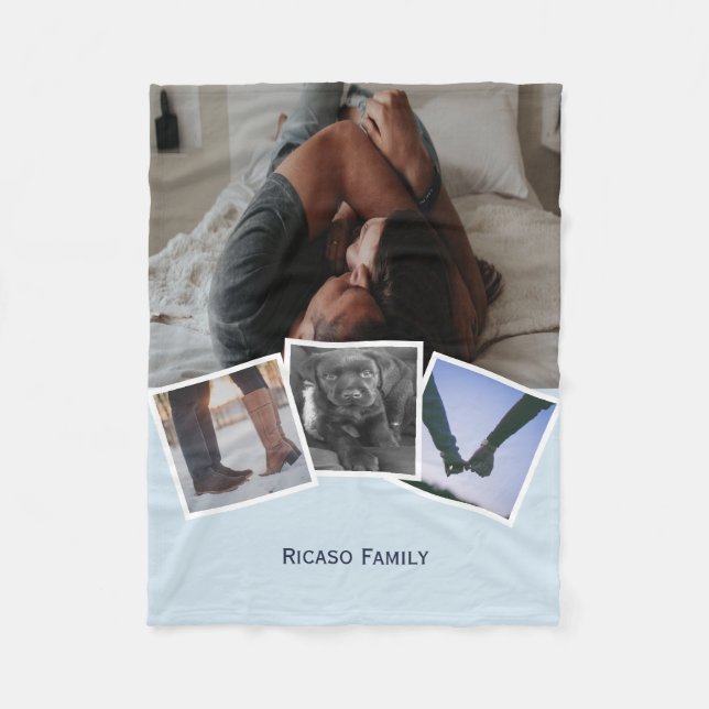 4 Photo Personalised Collage Light Blue Fleece Blanket (Front)