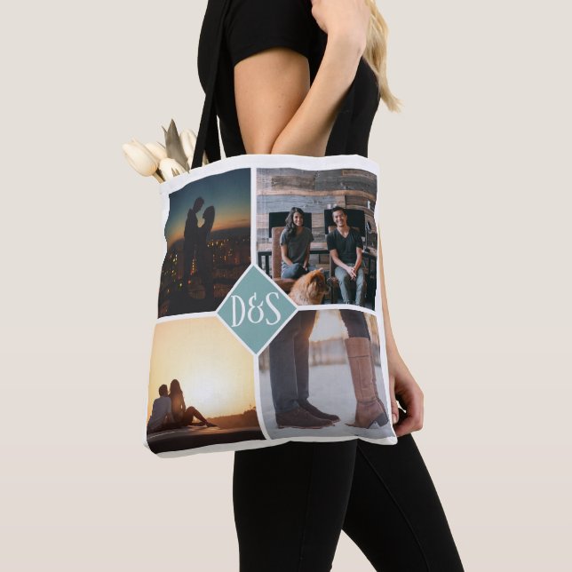 4 Photo Personalised Collage Monogrammed Tote Bag (Close Up)