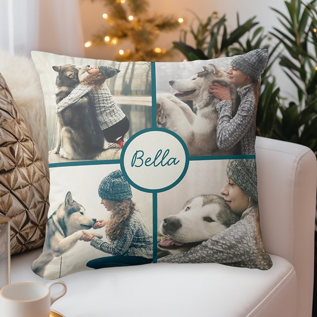 4 Photo Pet Dog Personalised with Name Cushion (Personalize with your dog's name and 4 photos.)