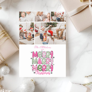 4 Photo Pink Green Merry Christmas Holiday Card
