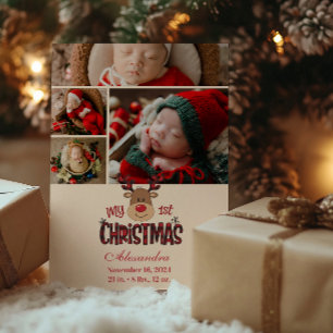4 Photo Plaid Reindeer Baby First Christmas  Holiday Card