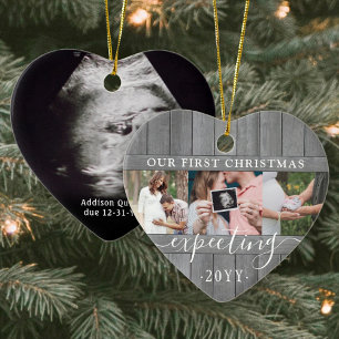 4 Photo Pregnancy 1st Xmas Grey Faux Wood Heart Ceramic Ornament