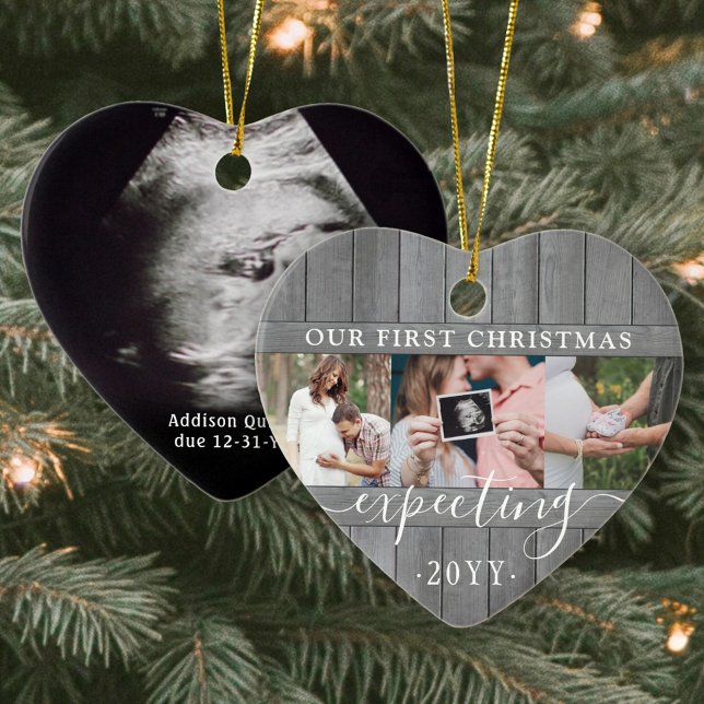 4 Photo Pregnancy 1st Xmas Grey Faux Wood Heart Ceramic Ornament (Creator Uploaded)
