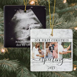 4 Photo Pregnancy New Parents 1st Xmas Expecting Ceramic Ornament<br><div class="desc">Celebrate the precious gift of your newest family member with a stylish four photo collage square ceramic ornament. Gender neutral design with faux marble border is suitable for a new baby boy or girl. Wording and pictures on this template are simple to personalise. (IMAGE PLACEMENT TIP: An easy way to...</div>