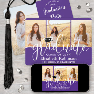 4 Photo Purple and White Script Graduation Party Invitation