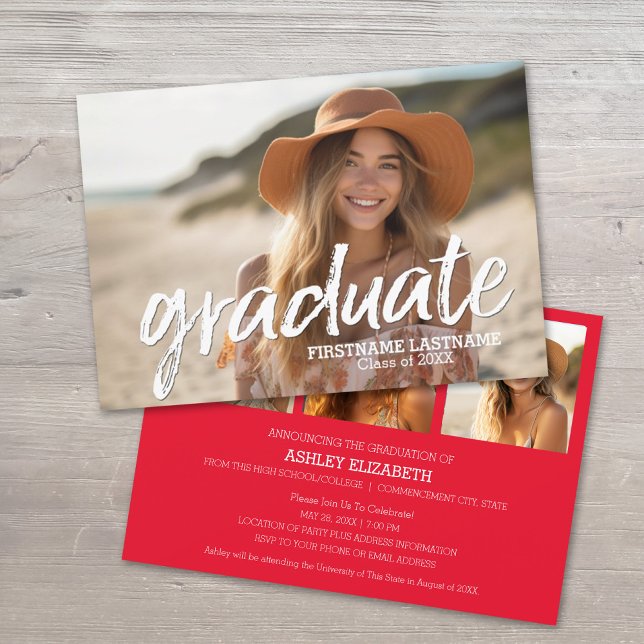 4 Photo Red Graduation Announce and Party Invitation (Graduation Announcement with Party Invite and 3 Photos)