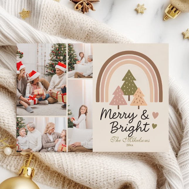 4 Photo Retro Neutral Rainbow Merry & Bright  Holiday Card (Creator Uploaded)