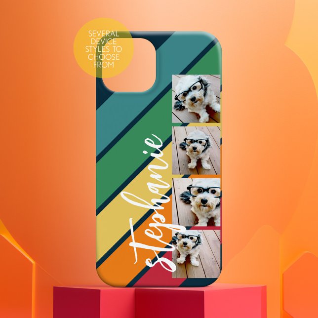 4 Photo Retro stripe pattern rainbow monogrammed Case-Mate iPhone Case (Personalized Phone Case with Custom Text and Trendy Design)