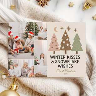 4 Photo Retro Winter Kisses & Snowflake Wishes Holiday Card