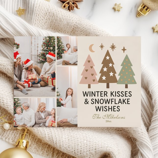 4 Photo Retro Winter Kisses & Snowflake Wishes Holiday Card (Creator Uploaded)