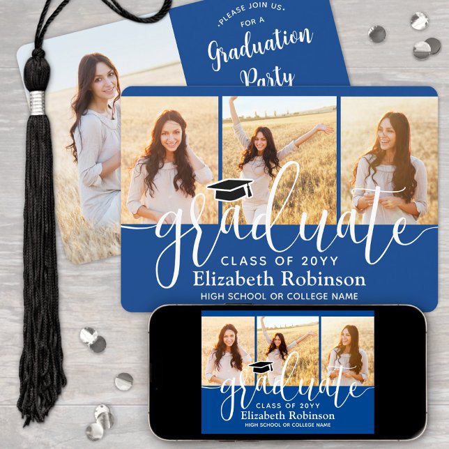 4 Photo Royal Blue & White Script Graduation Party Invitation (Creator Uploaded)