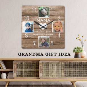  4 Photo Rustic Barn Wood Love You Nana Grandkids  Square Wall Clock